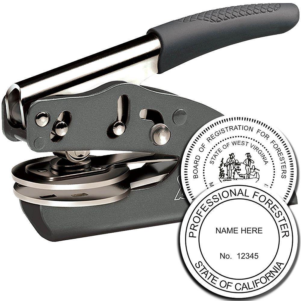 Forester Handheld Soft Seal Embosser with a black handle and metal body, shown next to an embossed seal for professional foresters.