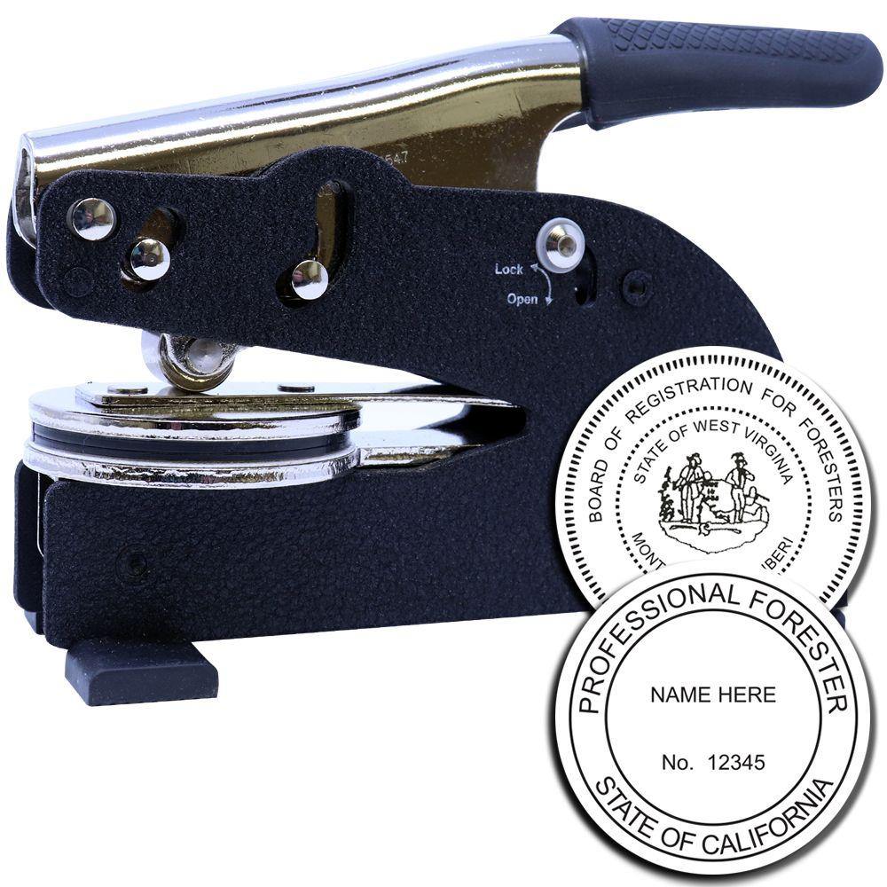 Forester Long Reach Desk Seal Embosser with a black handle and metal body, shown with sample embossed seals for professional use.