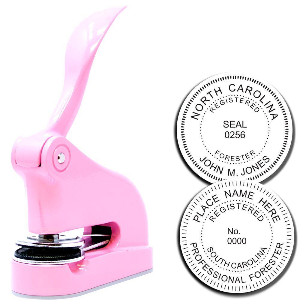 Forester Pink Gift Embosser, a handheld device, shown with two sample embossed seals for North Carolina and South Carolina professional foresters.