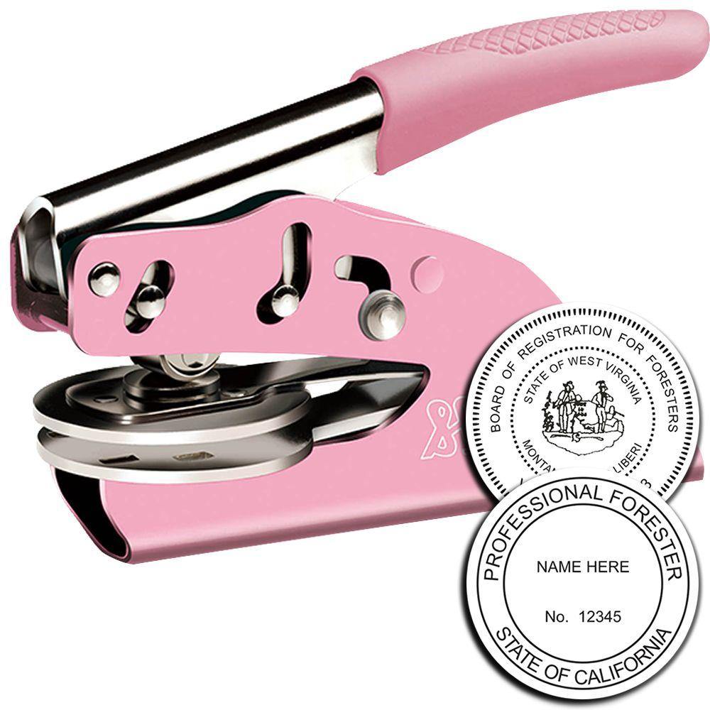 Forester Pink Soft Seal Embosser with a pink handle and metal body, shown with an embossed seal reading Professional Forester, State of California.
