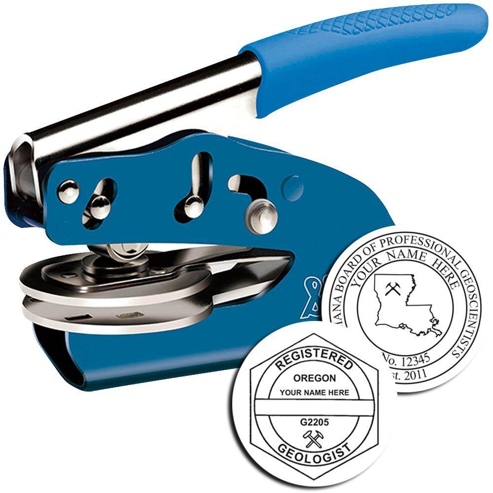 Geologist Blue Soft Seal Handheld Embosser with a blue handle and metal body, shown with two embossed sample seals for geologists.