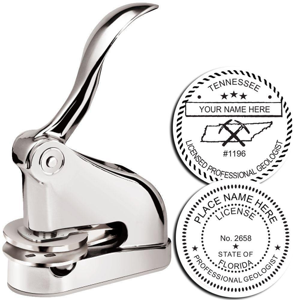 Geologist Chrome Gift Seal Embosser with a sleek design, shown with two sample embossed seals for licensed professional geologists.