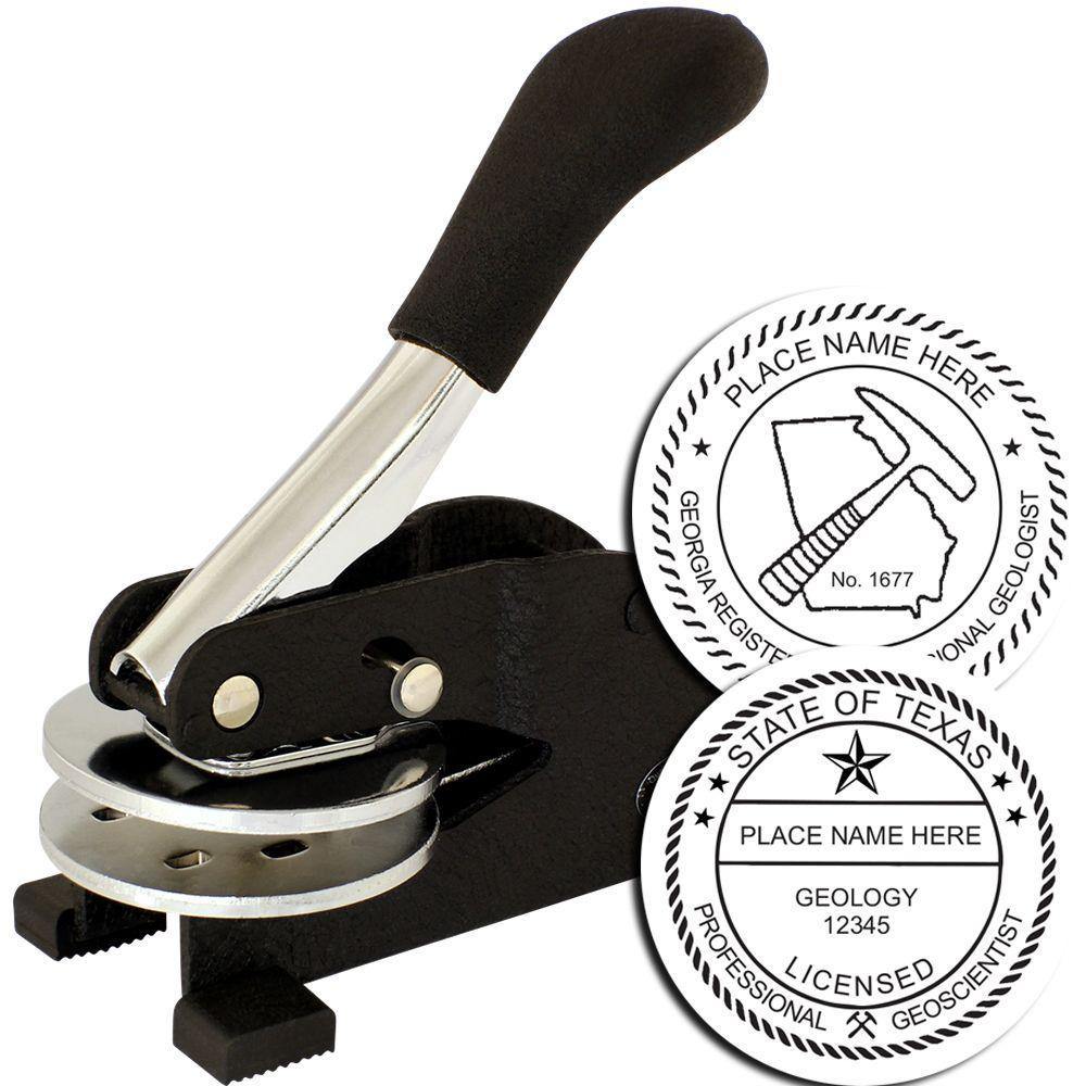 Geologist Desk Seal Embosser with a black handle and metal base, shown with two sample embossed seals for professional geoscientists.