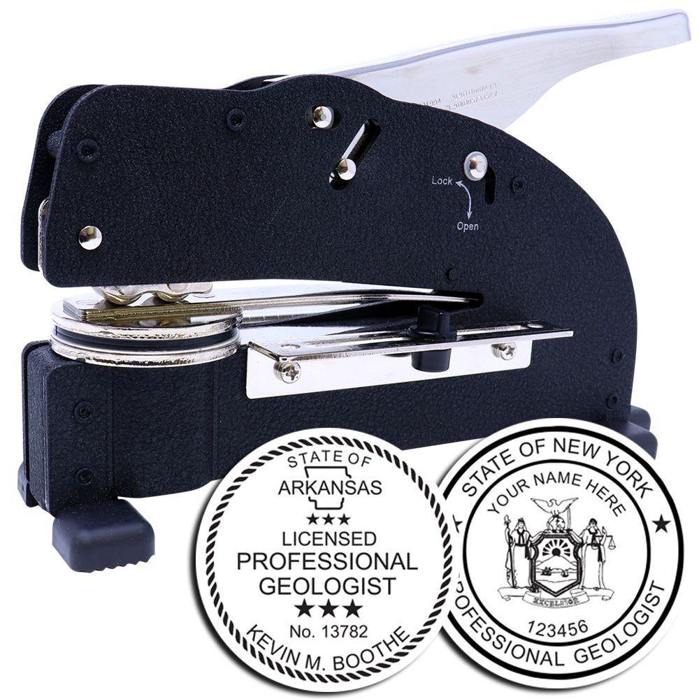 Geologist Extended Long Reach Desk Seal Embosser in black, shown with two embossed seals for professional geologists from Arkansas and New York.