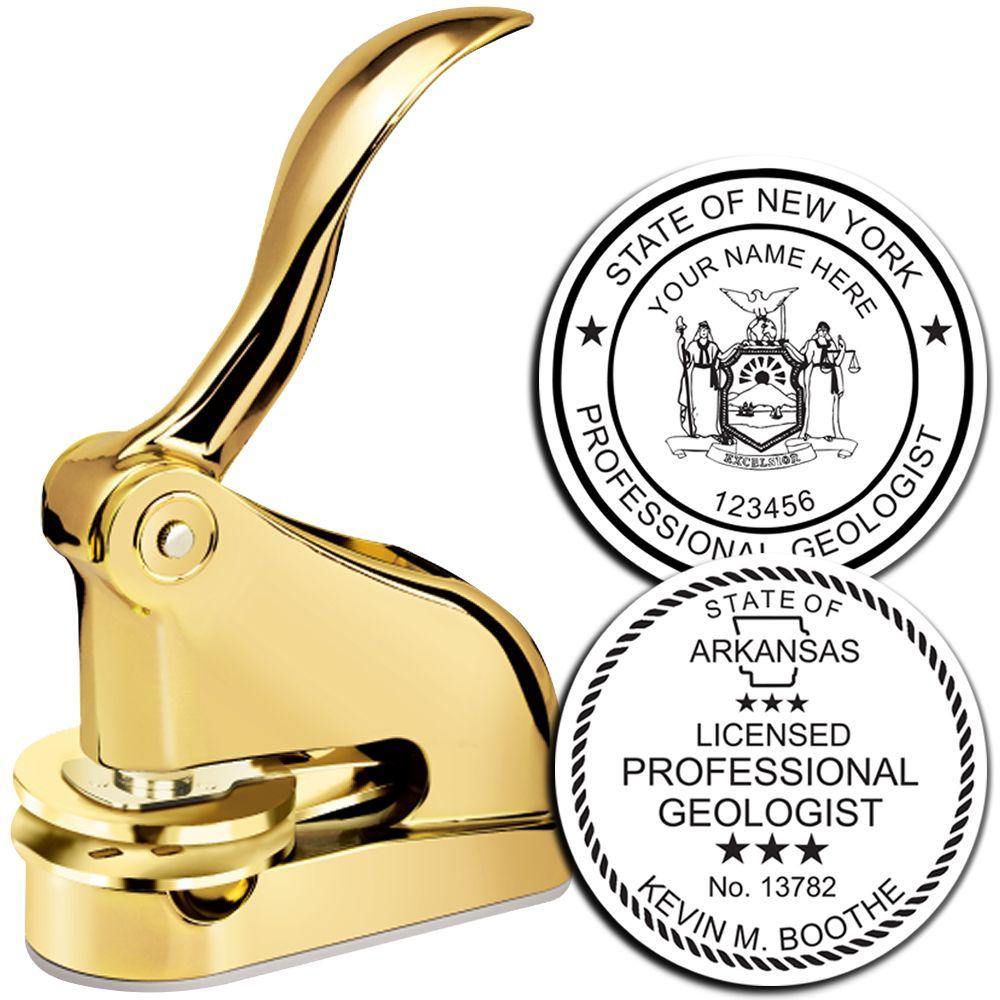 Geologist Gold Gift Seal Embosser with two sample embossed seals for professional geologists from New York and Arkansas.