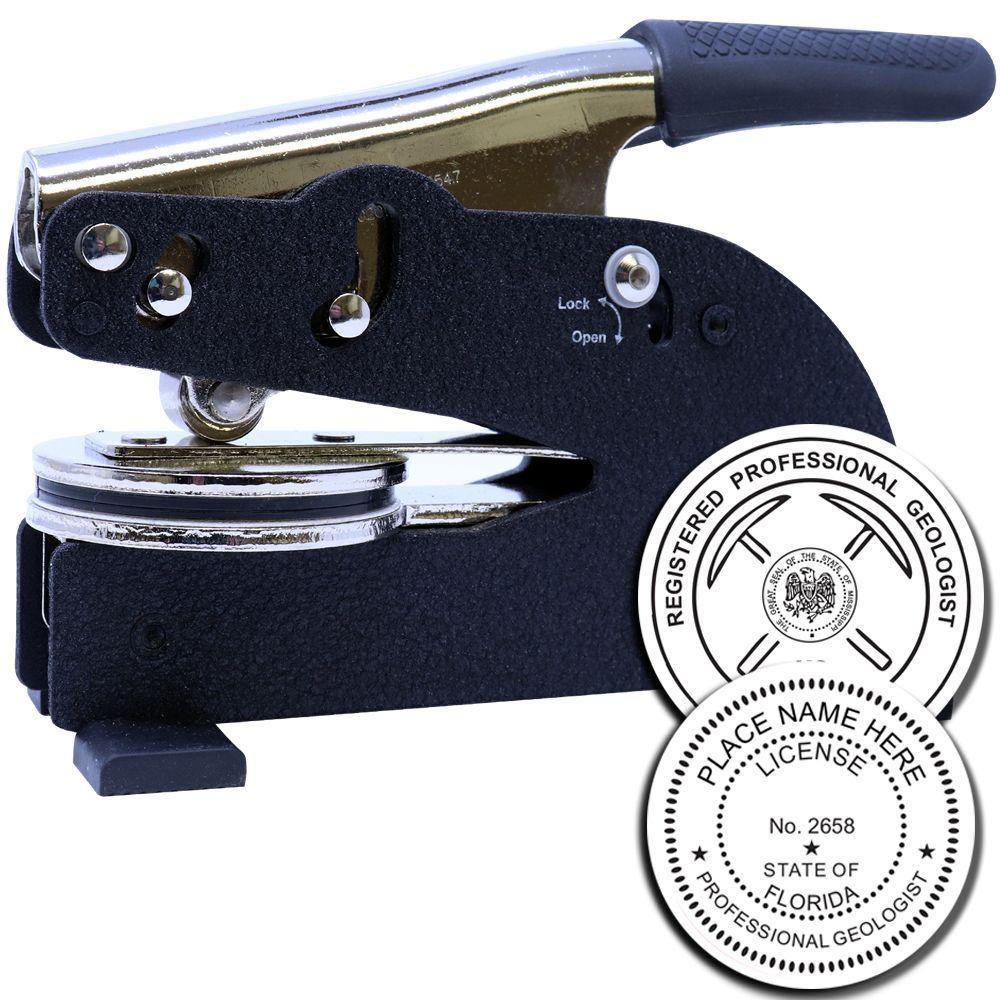 Geologist Long Reach Desk Seal Embosser with a black and silver design, shown with sample embossed seals for professional geologists.