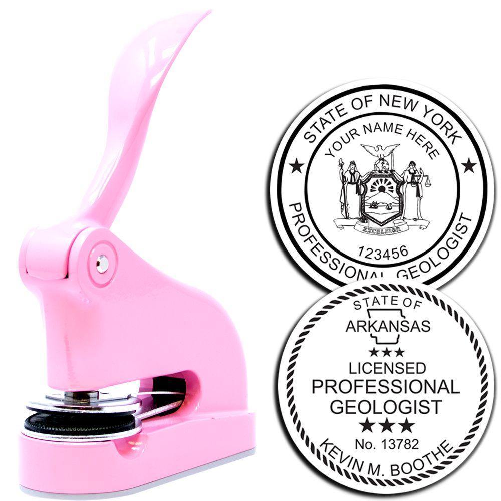 Pink handheld embosser labeled Geologist Pink Gift Embosser with two sample embossed seals for professional geologists from New York and Arkansas.