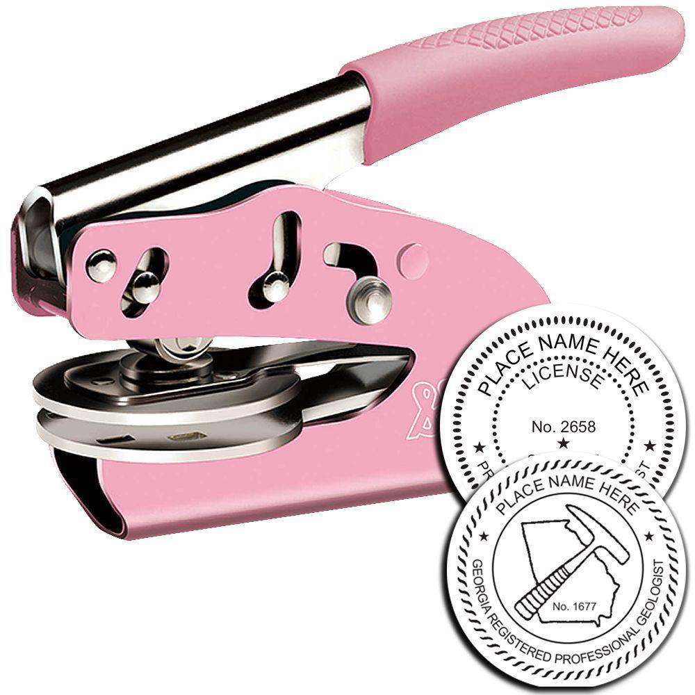 Geologist Pink Seal Handheld Embosser with a pink handle and metal components, shown with two sample embossed seals.