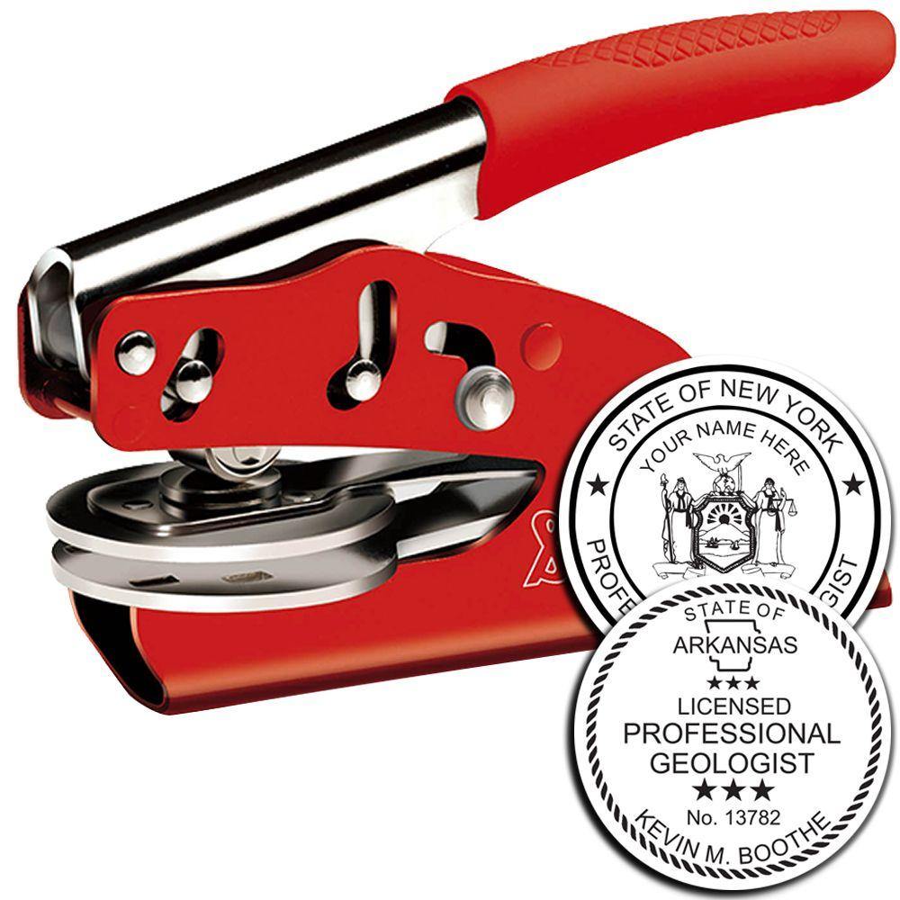 Geologist Red Soft Seal Embosser with a red handle and metal components, shown with embossed seals for professional geologists.