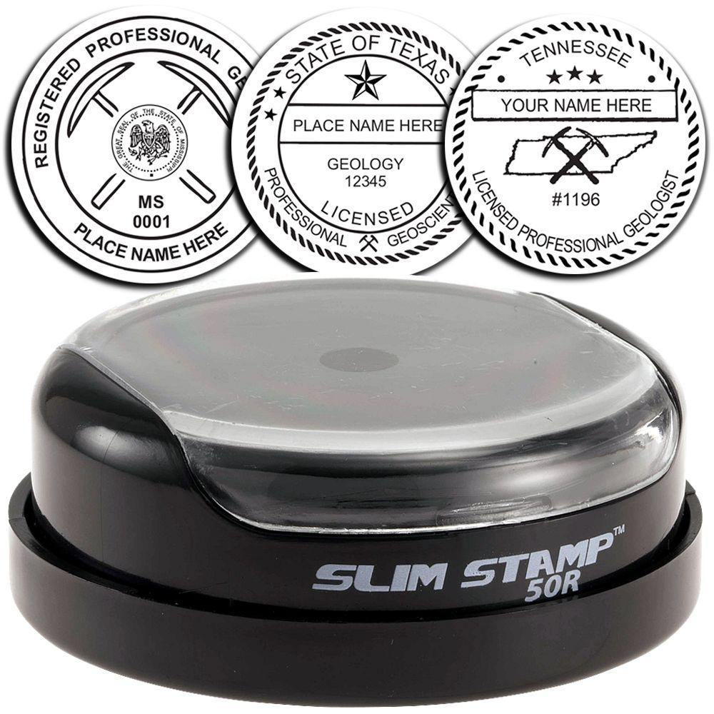 Geologist Slim Pre-Inked Rubber Stamp of Seal, black and round, with examples of professional geologist seals for various states in the background.