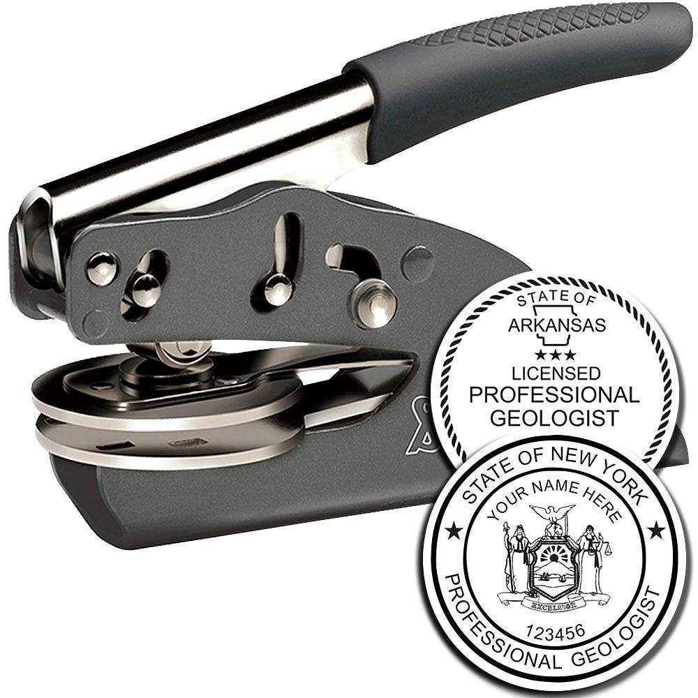Geologist Soft Seal Embosser with ergonomic handle, shown with sample embossed seals for professional geologists from Arkansas and New York.