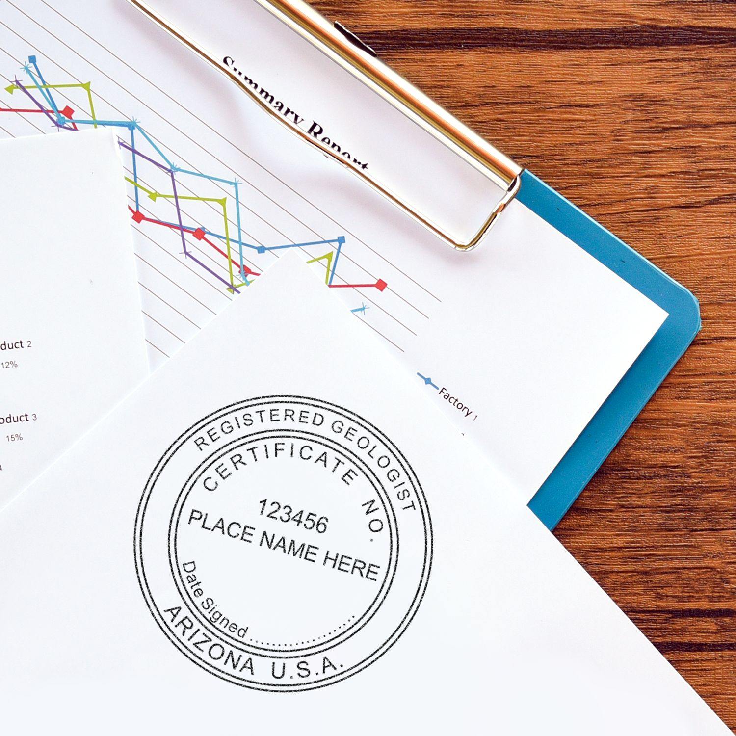 Xstamper Geologist Pre-Inked Rubber Stamp of Seal used on a document, with a clipboard and a graph in the background.