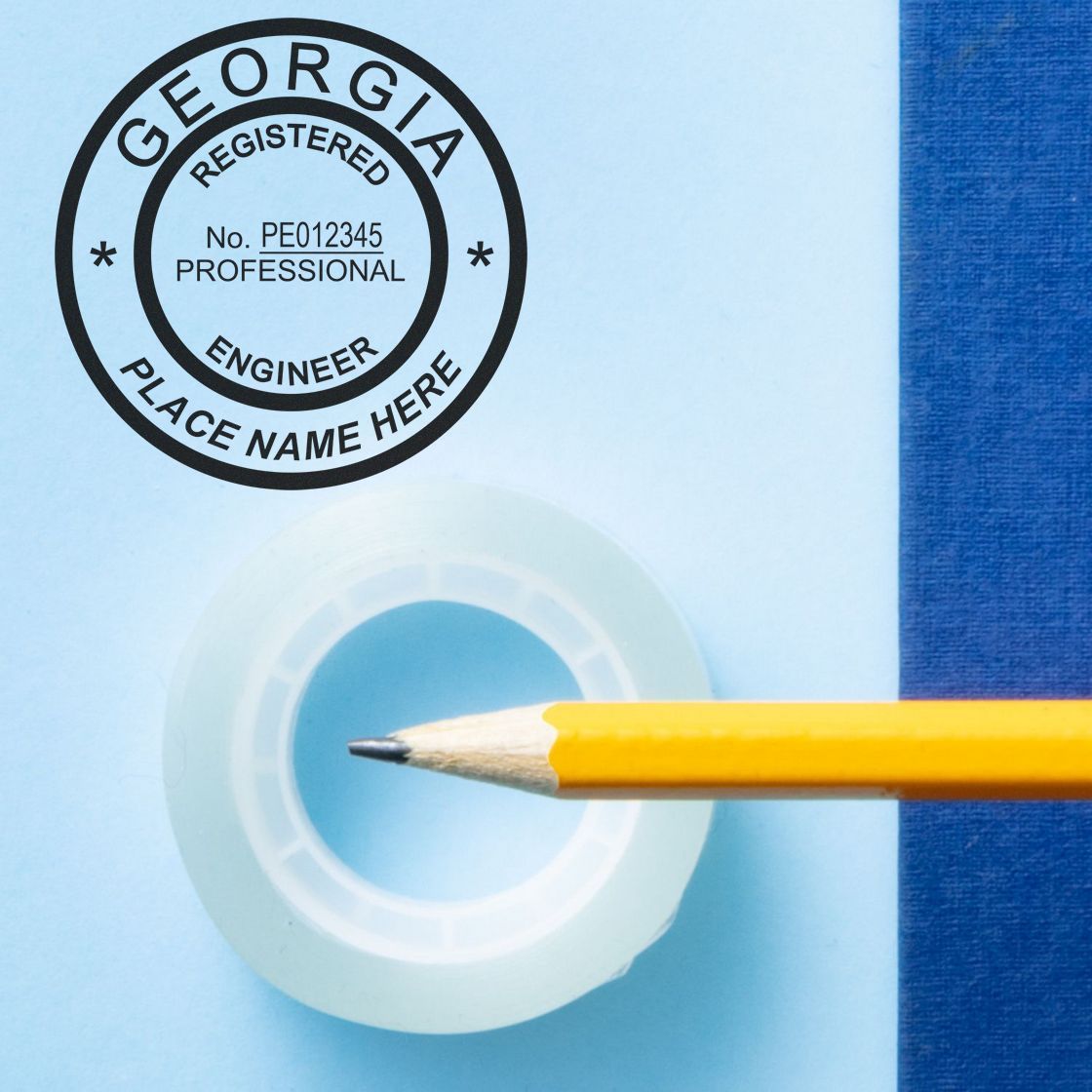 A lifestyle photo showing a stamped image of the Slim Pre-Inked Georgia Professional Engineer Seal Stamp on a piece of paper
