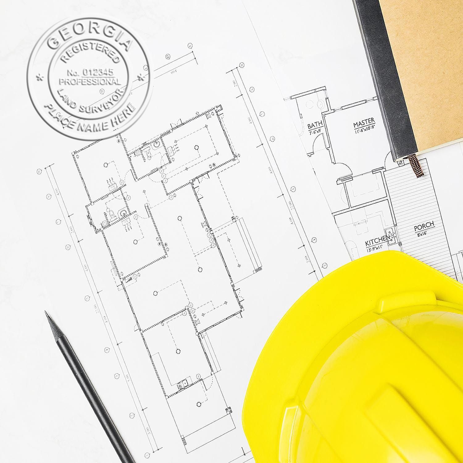 A stamped impression of the Heavy Duty Cast Iron Georgia Land Surveyor Seal Embosser in this stylish lifestyle photo, setting the tone for a unique and personalized product.