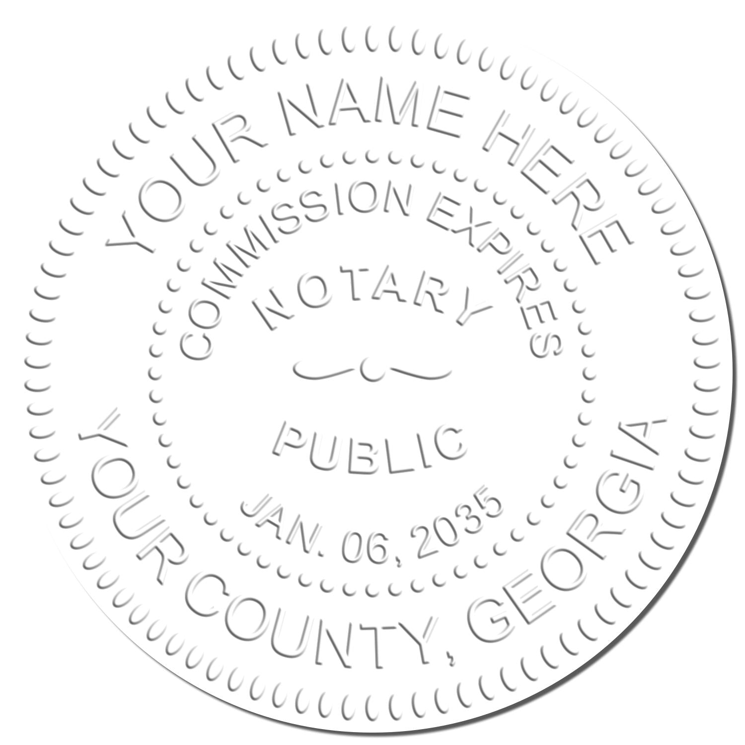 The Pink Hybrid Georgia Notary Embosser stamp impression comes to life with a crisp, detailed photo on paper - showcasing true professional quality.