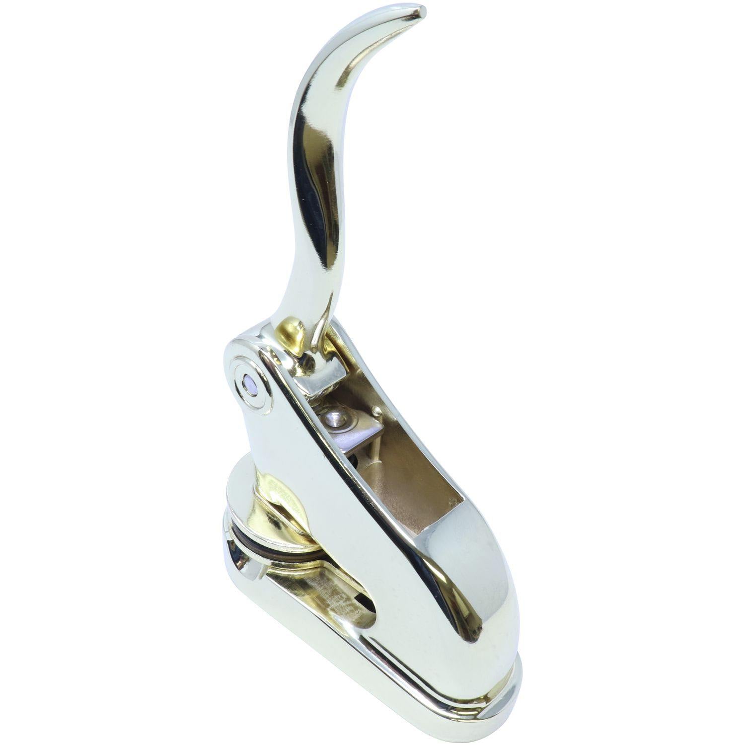 Professional Gold Gift Seal Embosser with a sleek, shiny finish, angled back side left view, designed for creating elegant embossed seals.