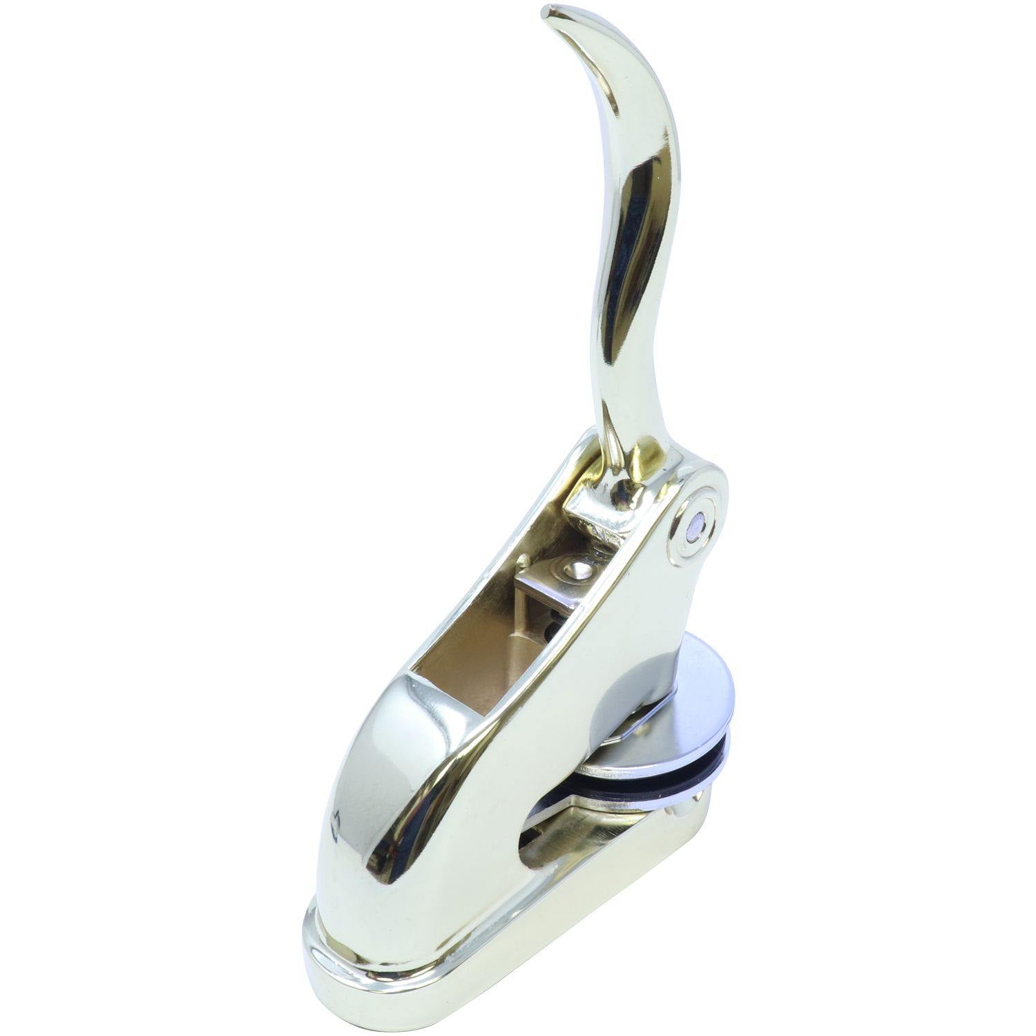 Forester Gold Gift Seal Embosser with a sleek, shiny gold finish, angled right-back view, showcasing its elegant and sturdy design.