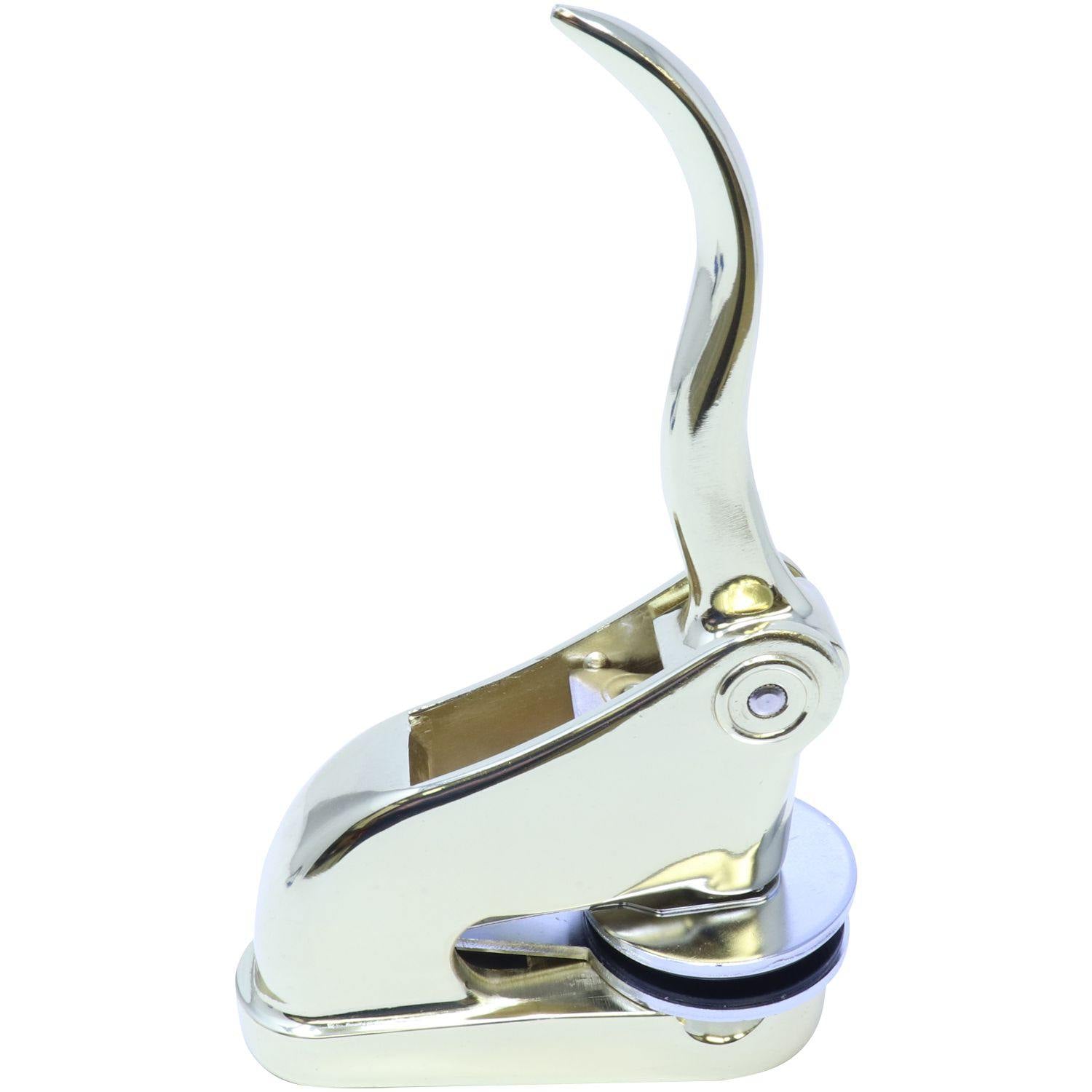 Forester Gold Gift Seal Embosser with a sleek, metallic design, angled side view showing the handle and embossing mechanism.