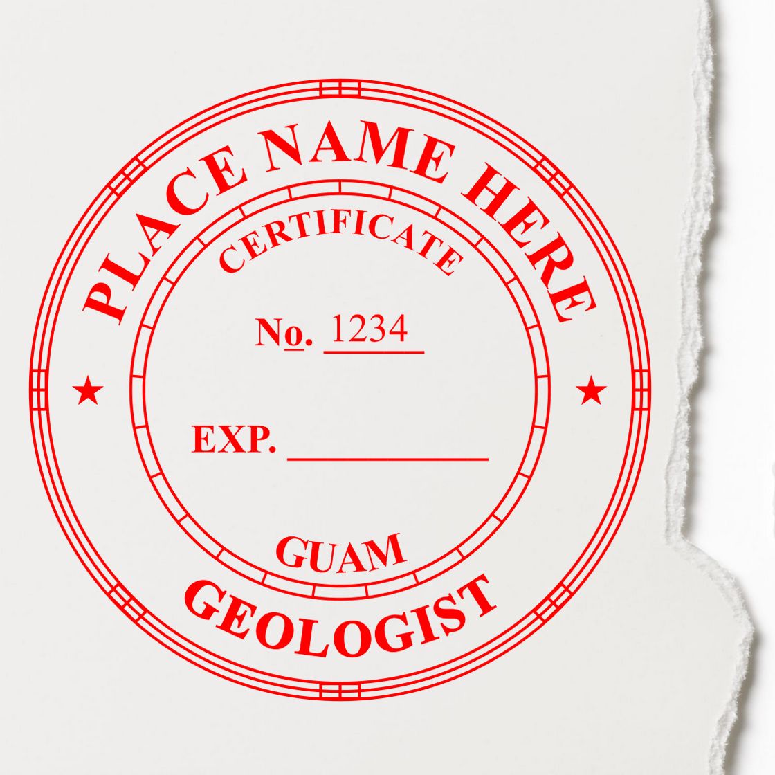 A lifestyle photo showing a stamped image of the Guam Professional Geologist Seal Stamp on a piece of paper