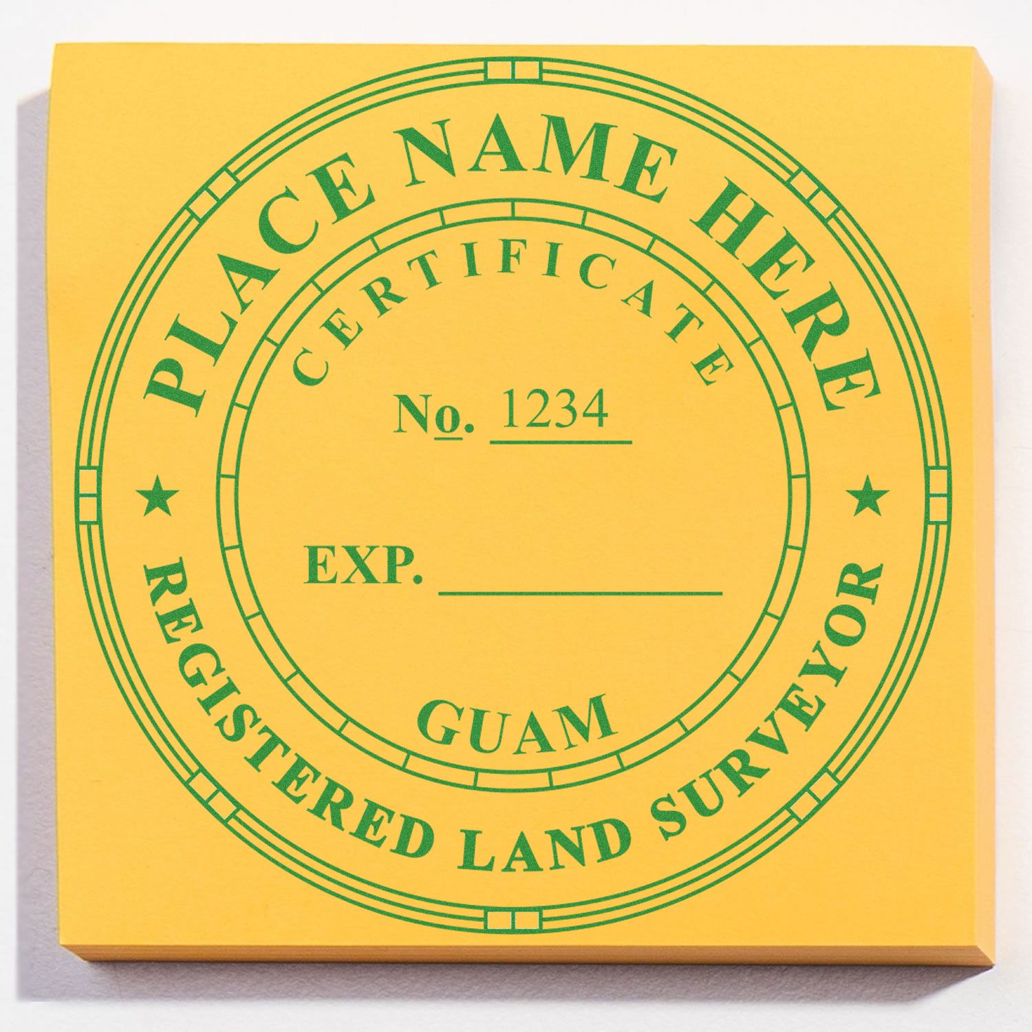 Self Inking Guam Land Surveyor Stamp with customizable fields for name, certificate number, and expiration date on a yellow background.