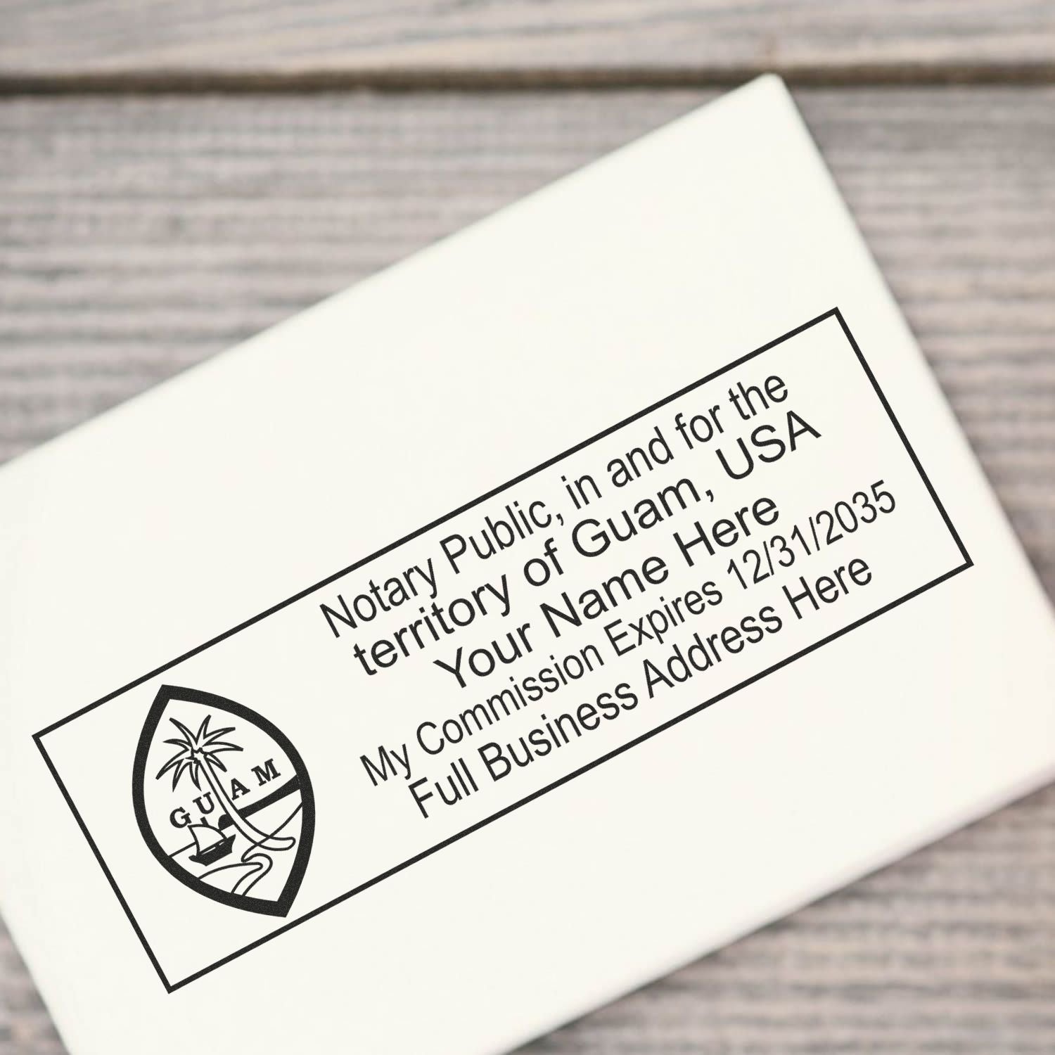 Another Example of a stamped impression of the Super Slim Guam Notary Public Stamp on a piece of office paper.