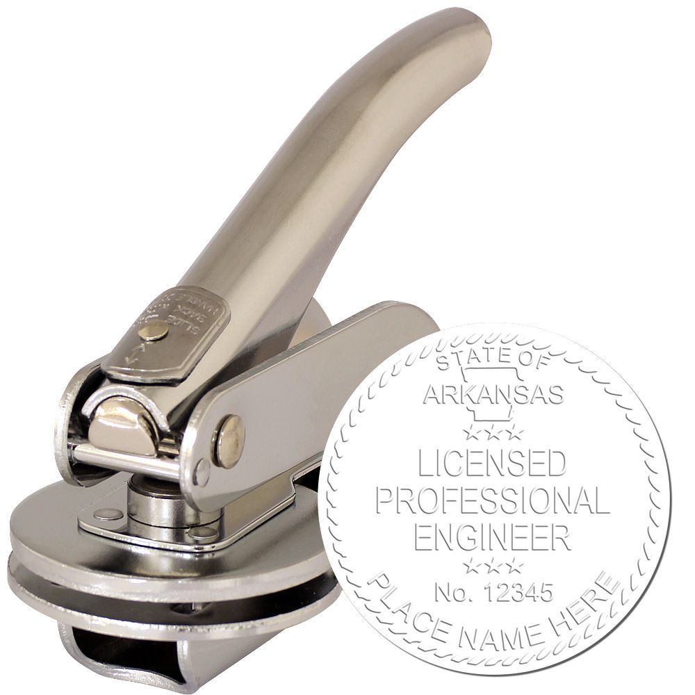 The main image for the Handheld Arkansas Professional Engineer Embosser depicting a sample of the imprint and electronic files