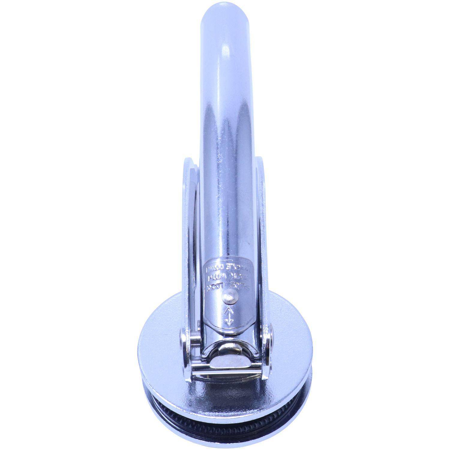 A chrome Engineering Geologist Handheld Seal Embosser with a 1-5/8 inch imprint, shown from a front angled view, highlighting its sleek design and sturdy construction.