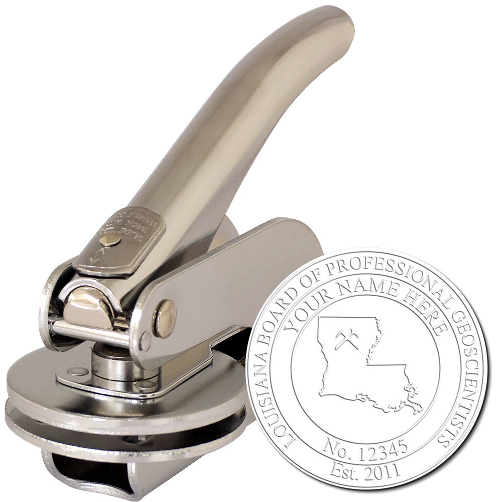 The main image for the Handheld Louisiana Professional Geologist Embosser depicting a sample of the imprint and imprint sample
