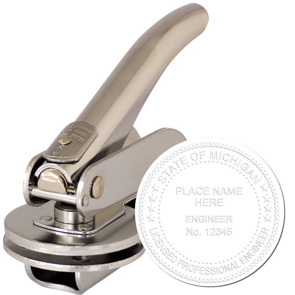 The main image for the Handheld Michigan Professional Engineer Embosser depicting a sample of the imprint and electronic files