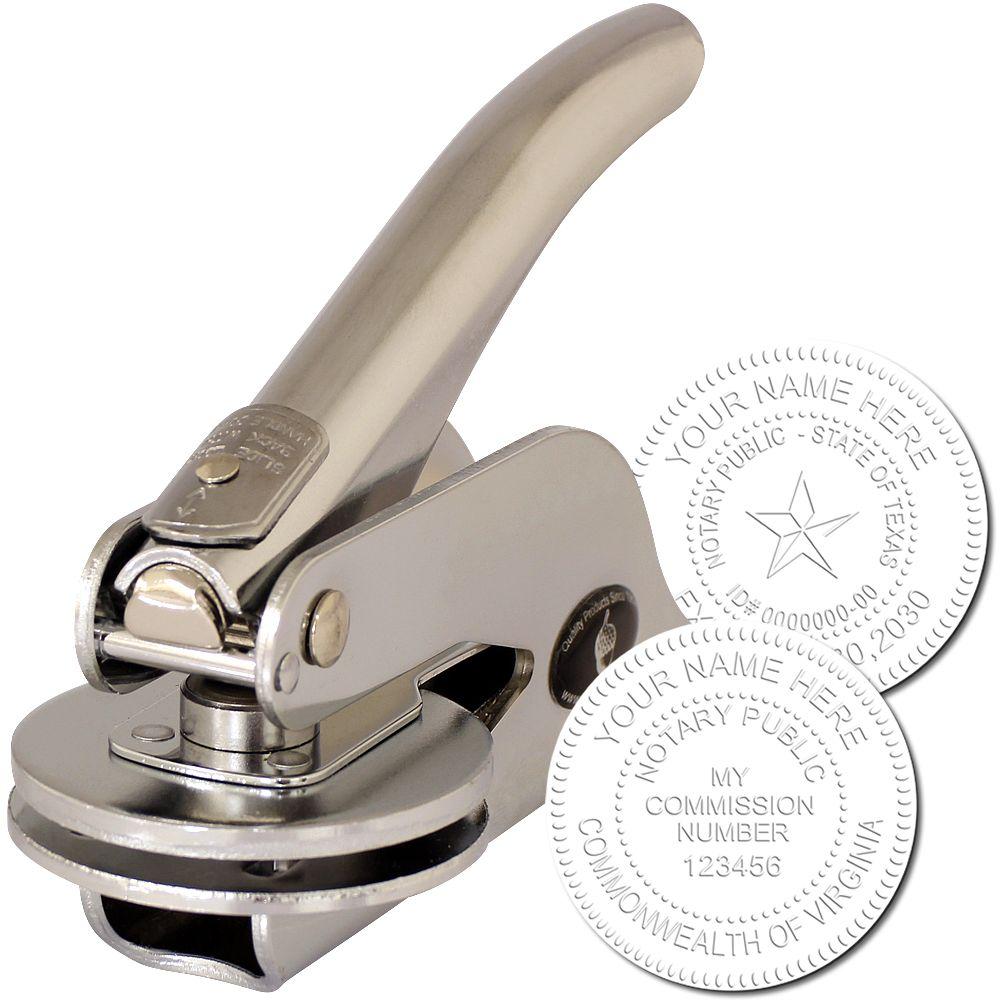 Handheld Notary Seal Embosser with a metallic finish, shown with two embossed sample seals displaying customizable notary public information.