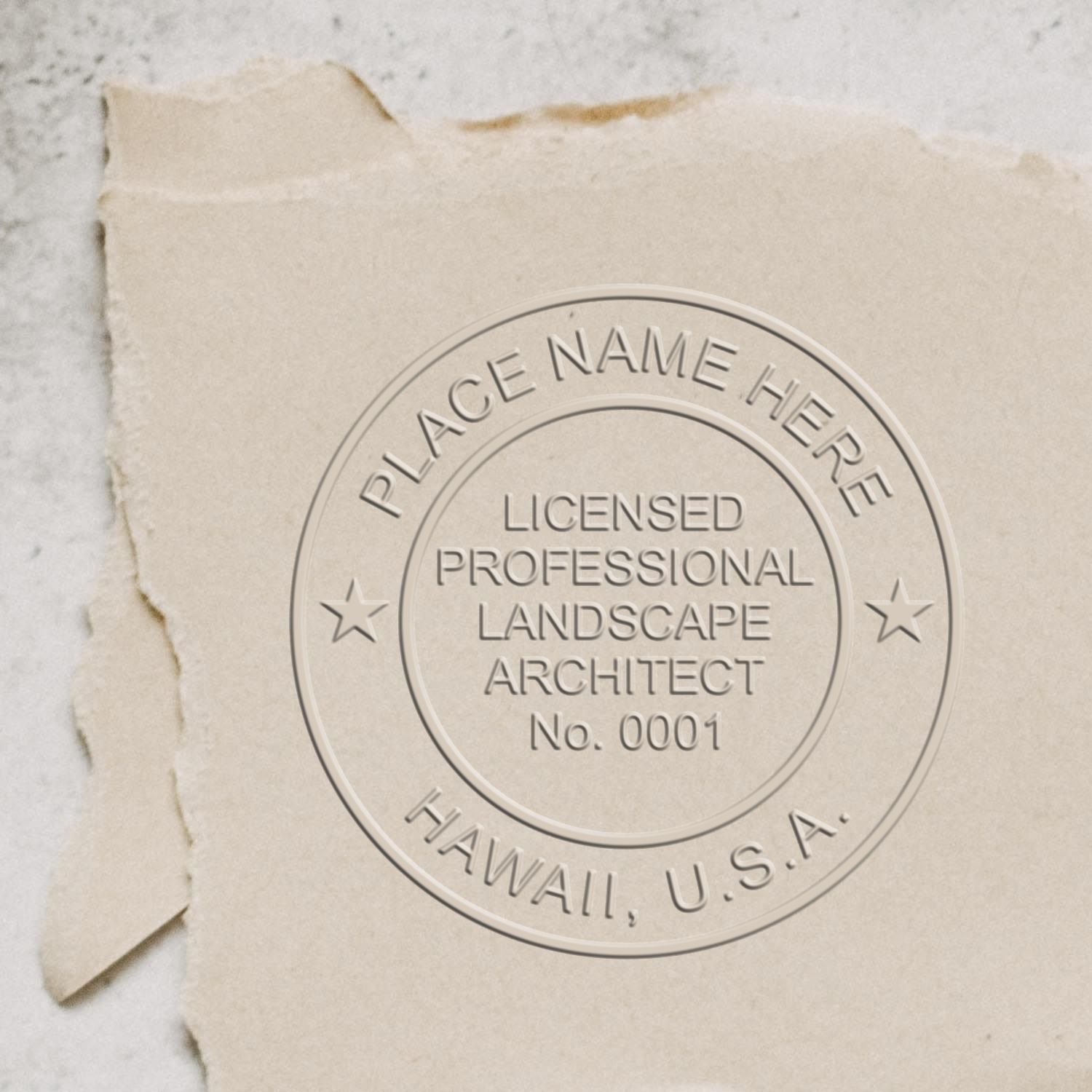 A stamped impression of the Heavy Duty Hawaii Landscape Architect Cast Iron Embosser in this stylish lifestyle photo, setting the tone for a unique and personalized product.