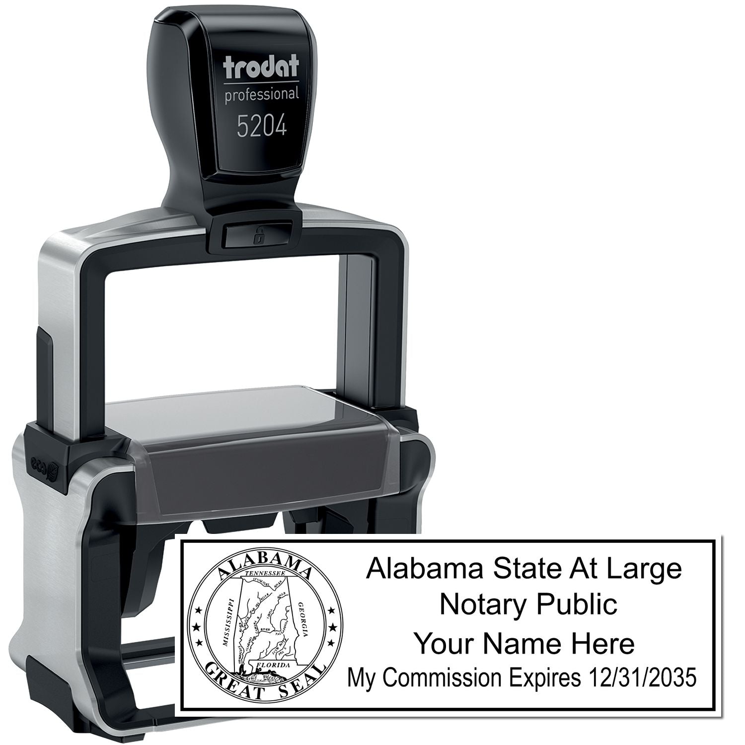 The main image for the Heavy-Duty Alabama Rectangular Notary Stamp depicting a sample of the imprint and electronic files