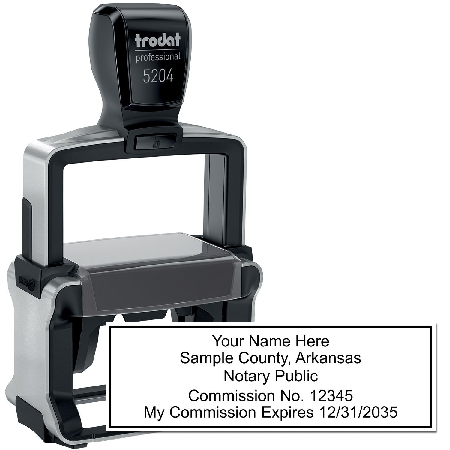 The main image for the Heavy-Duty Arkansas Rectangular Notary Stamp depicting a sample of the imprint and electronic files