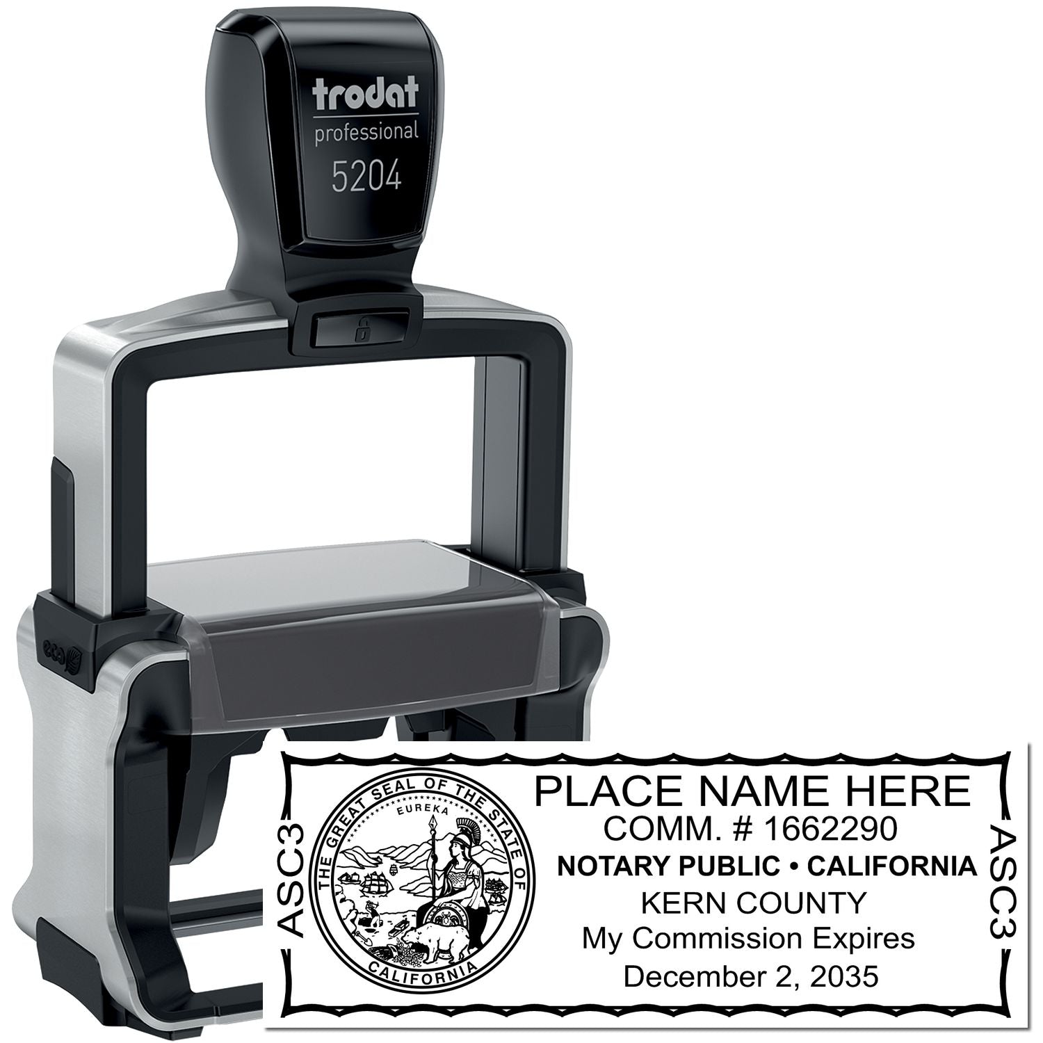 The main image for the Heavy-Duty California Rectangular Notary Stamp depicting a sample of the imprint and electronic files