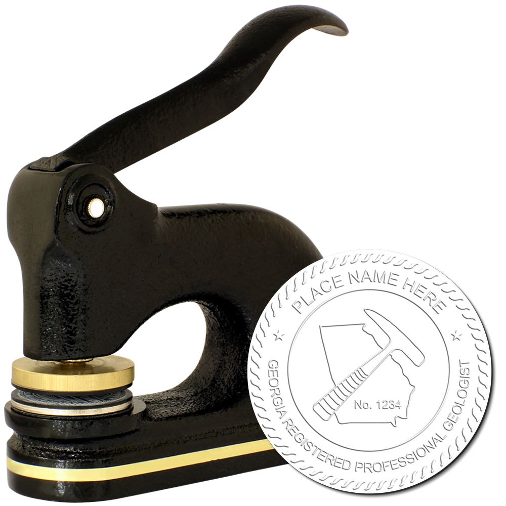 The main image for the Heavy Duty Cast Iron Georgia Geologist Seal Embosser depicting a sample of the imprint and imprint sample