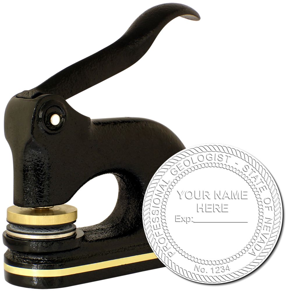 The main image for the Heavy Duty Cast Iron Nevada Geologist Seal Embosser depicting a sample of the imprint and imprint sample