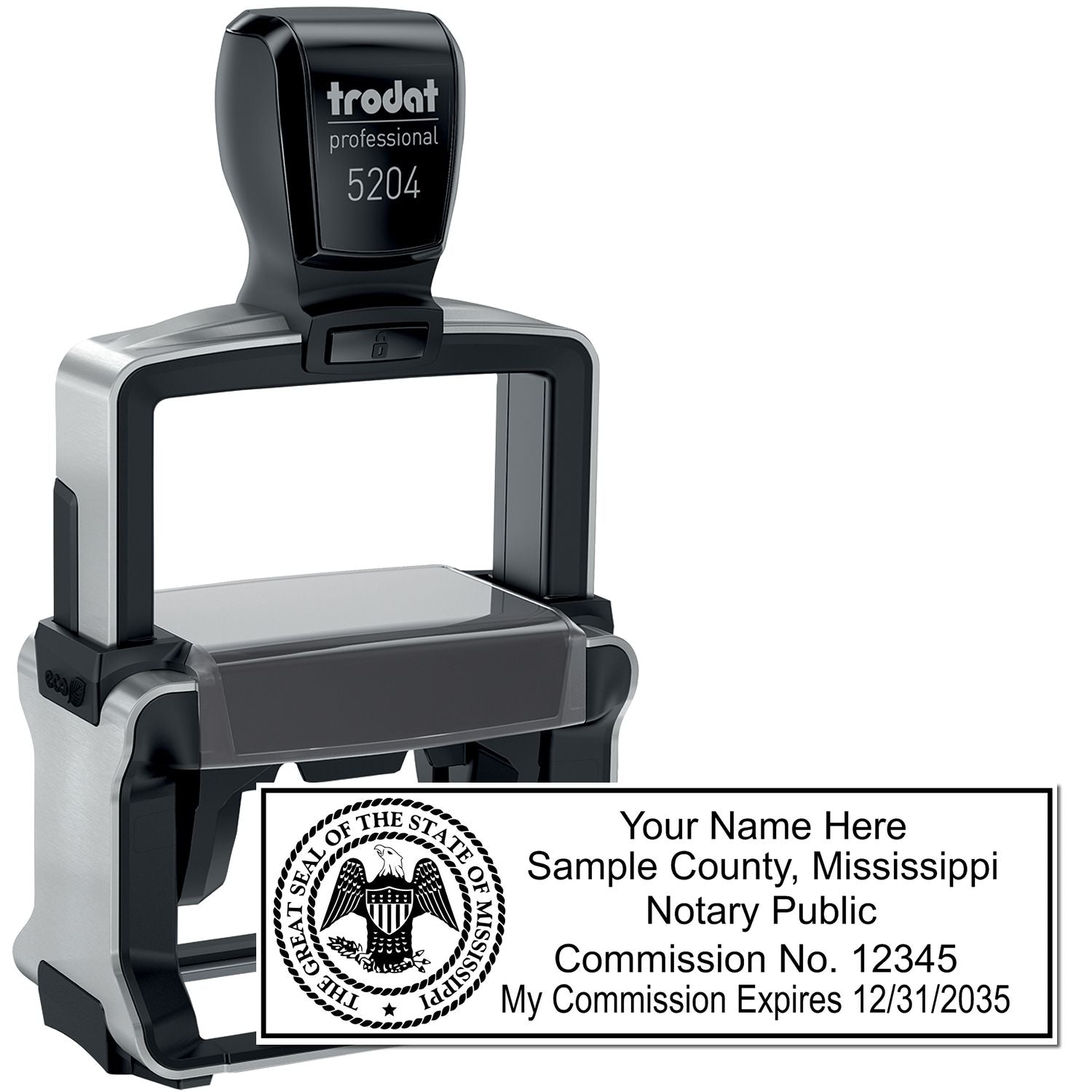 The main image for the Heavy-Duty Mississippi Rectangular Notary Stamp depicting a sample of the imprint and electronic files