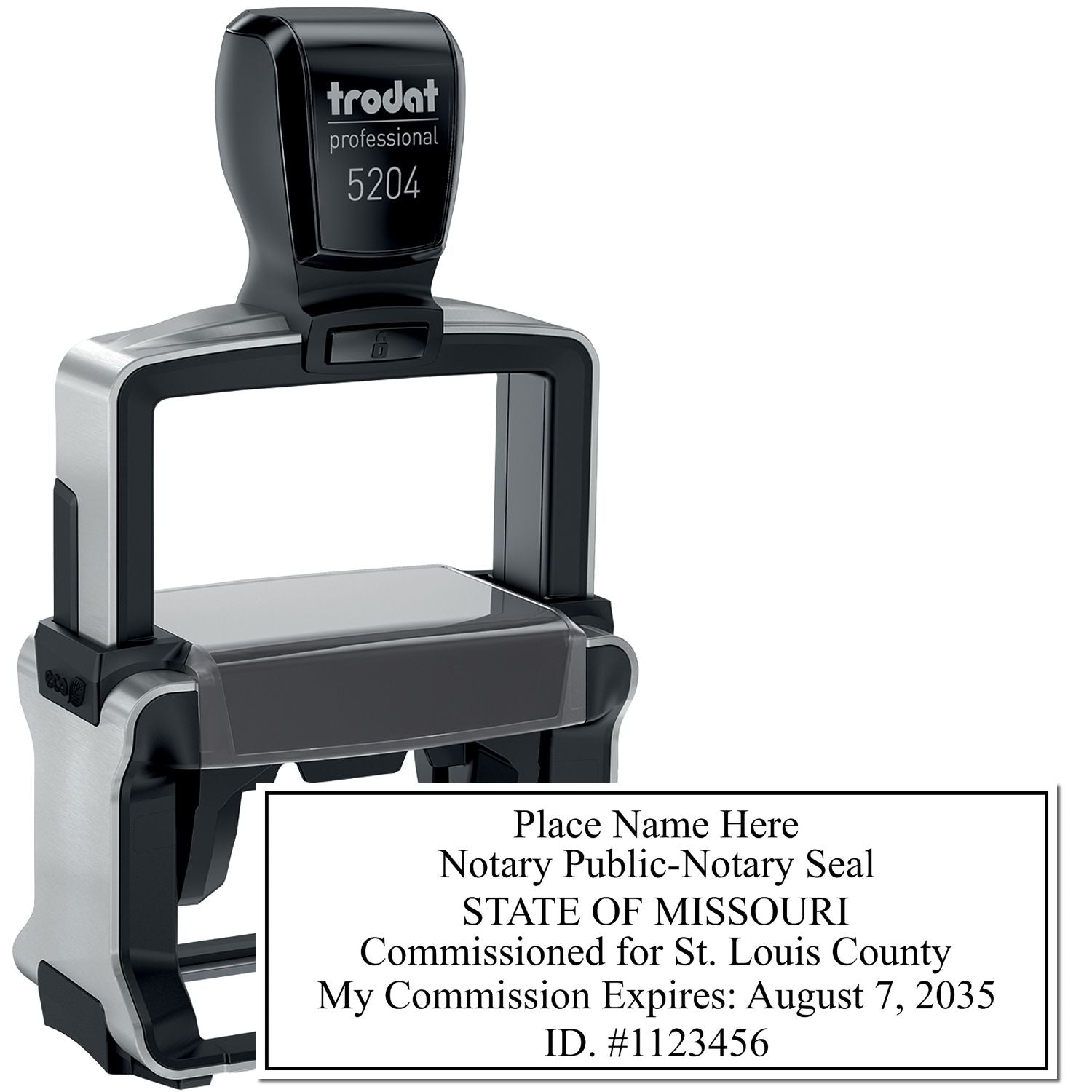 The main image for the Heavy-Duty Missouri Rectangular Notary Stamp depicting a sample of the imprint and electronic files