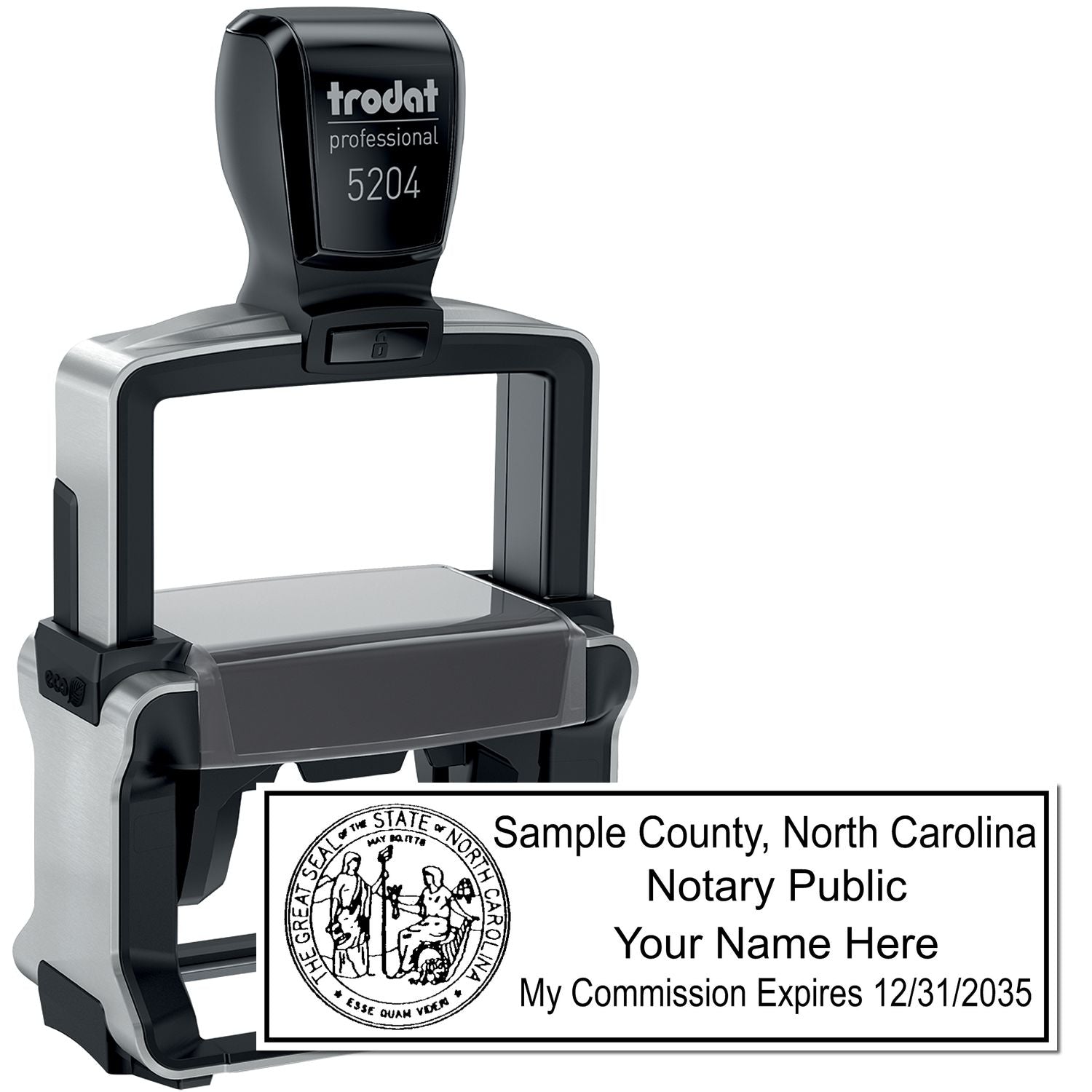 The main image for the Heavy-Duty North Carolina Rectangular Notary Stamp depicting a sample of the imprint and electronic files
