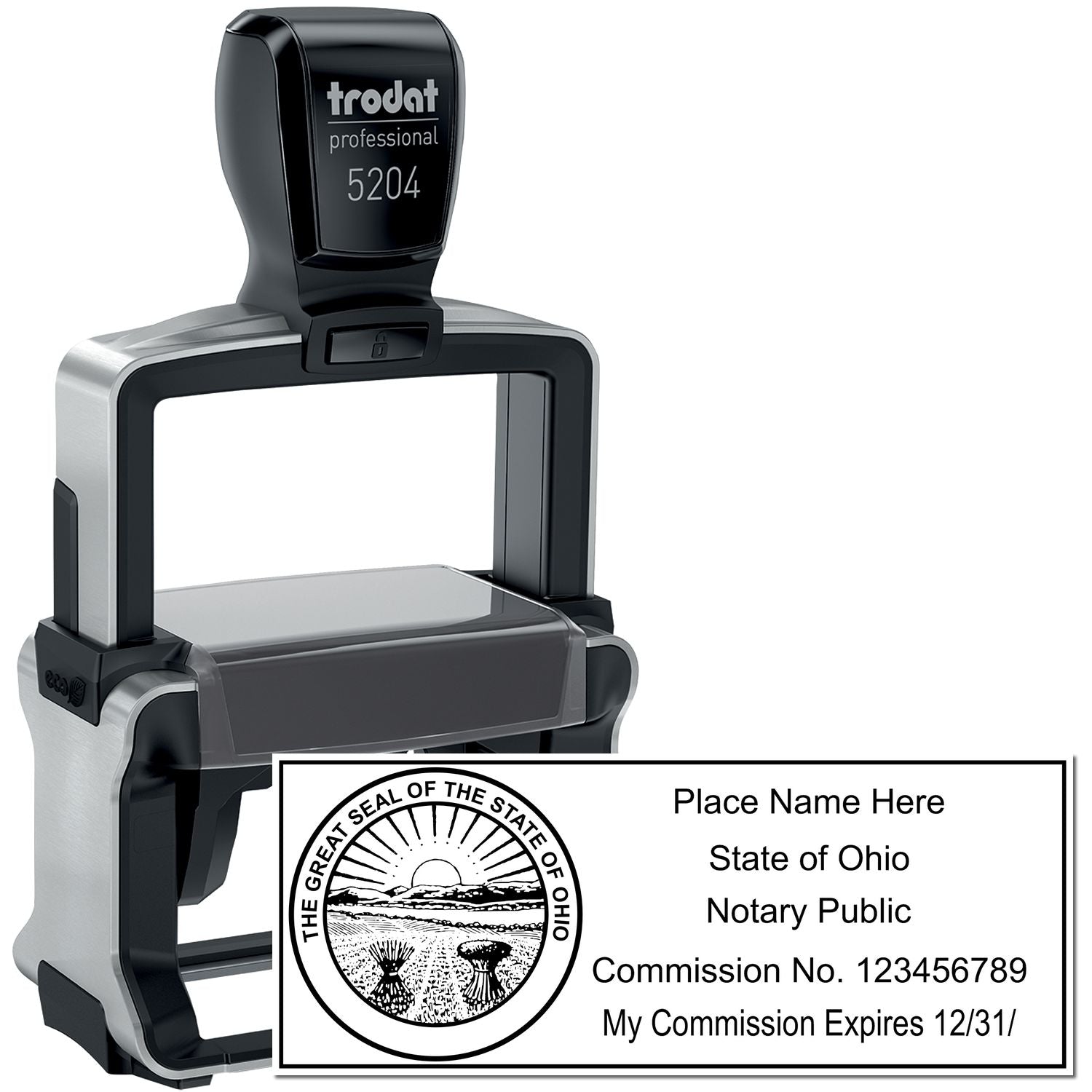The main image for the Heavy-Duty Ohio Rectangular Notary Stamp depicting a sample of the imprint and electronic files