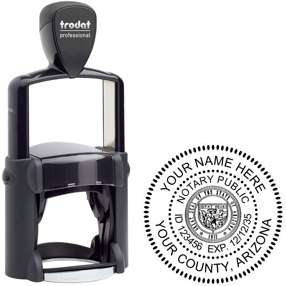 The main image for the Heavy-Duty Round Arizona Notary Stamp depicting a sample of the imprint and electronic files
