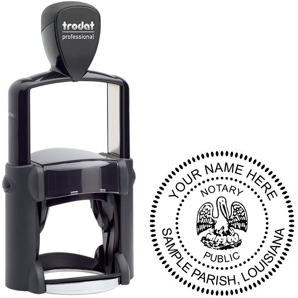 The main image for the Heavy-Duty Round Louisiana Notary Stamp depicting a sample of the imprint and electronic files