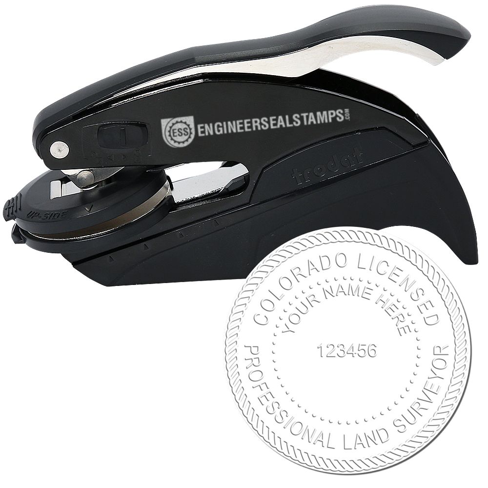 The main image for the Hybrid Colorado Land Surveyor Seal depicting a sample of the imprint and imprint sample