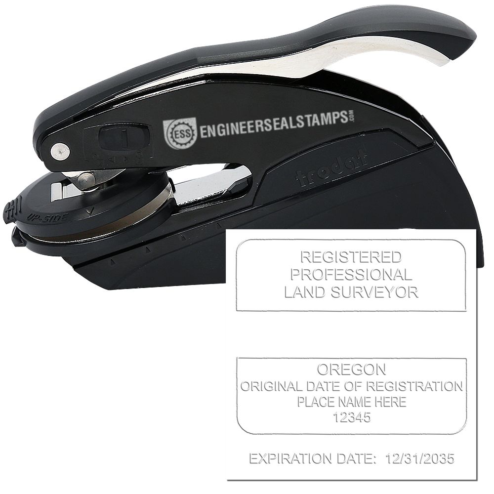 The main image for the Hybrid Oregon Land Surveyor Seal depicting a sample of the imprint and imprint sample