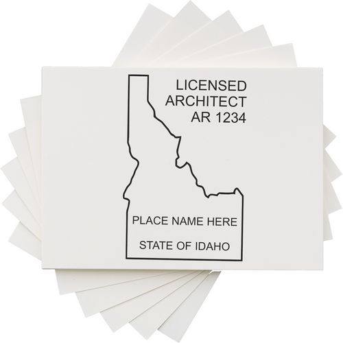 A lifestyle photo showing a stamped image of the Slim Pre-Inked Idaho Architect Seal Stamp on a piece of paper
