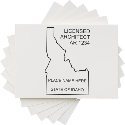 A lifestyle photo showing a stamped image of the Slim Pre-Inked Idaho Architect Seal Stamp on a piece of paper