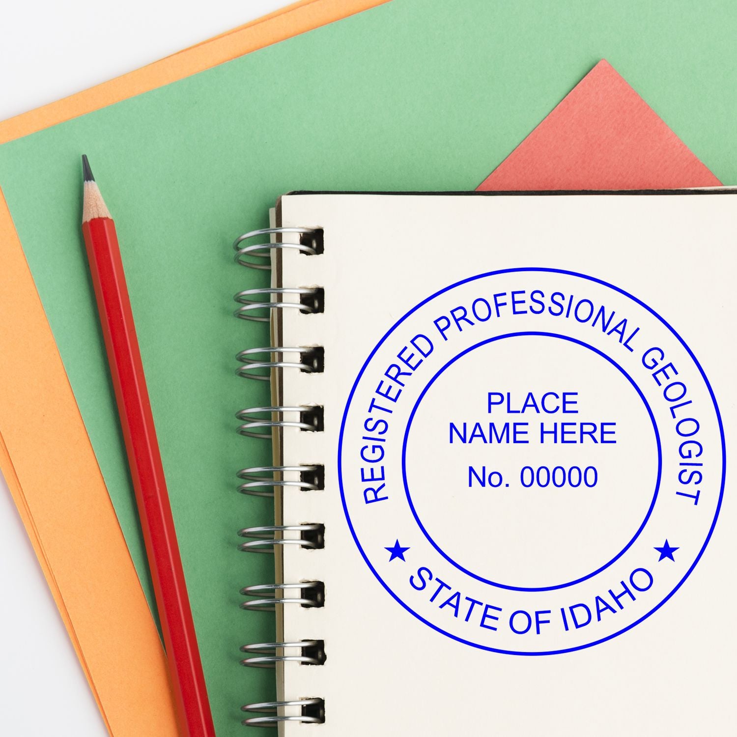 A lifestyle photo showing a stamped image of the Digital Idaho Geologist Stamp, Electronic Seal for Idaho Geologist on a piece of paper