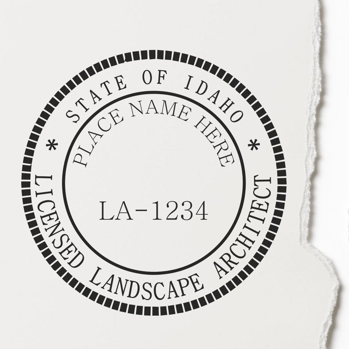 This paper is stamped with a sample imprint of the Slim Pre-Inked Idaho Landscape Architect Seal Stamp, signifying its quality and reliability.