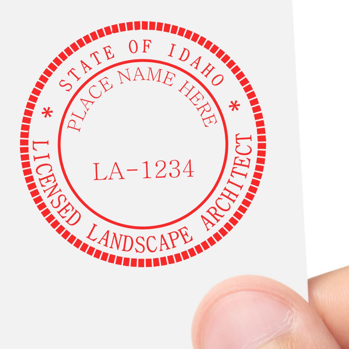 A stamped impression of the Slim Pre-Inked Idaho Landscape Architect Seal Stamp in this stylish lifestyle photo, setting the tone for a unique and personalized product.