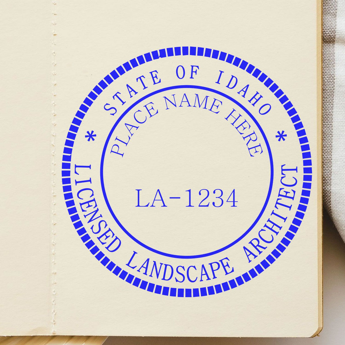 The Slim Pre-Inked Idaho Landscape Architect Seal Stamp stamp impression comes to life with a crisp, detailed photo on paper - showcasing true professional quality.